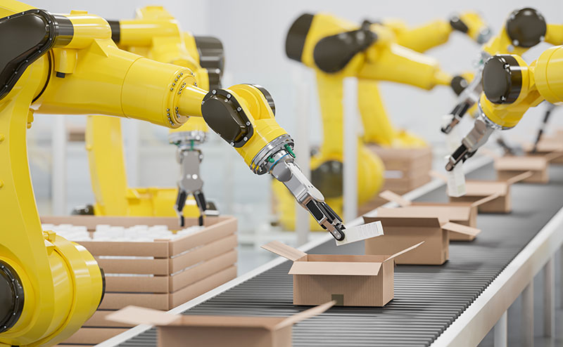 Automated robots packing boxes