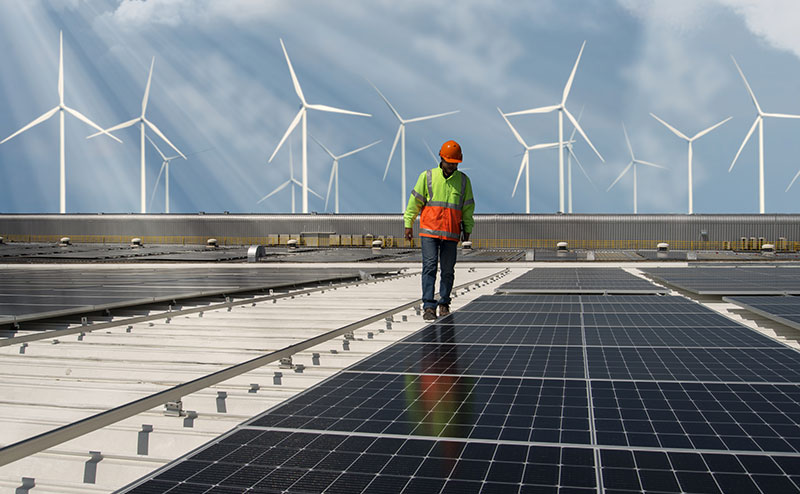 Engineer inspecting solar panels
